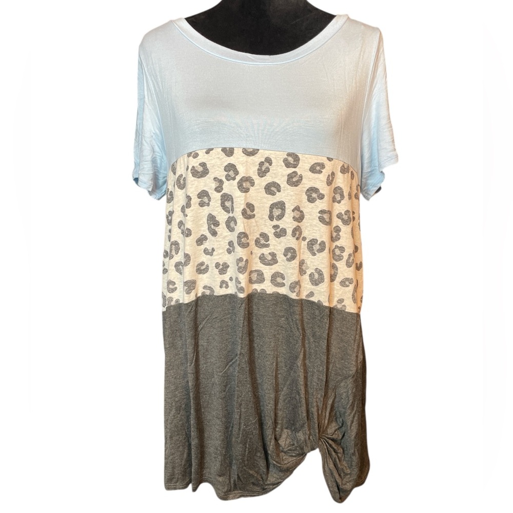 P & Rose Stylish Women's Leopard Print Color Block Blue, Gray Top